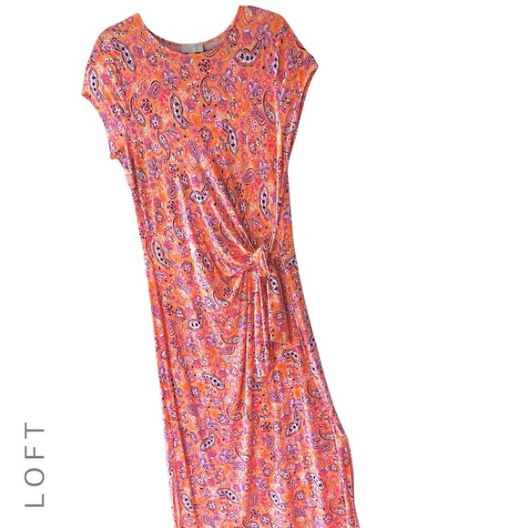 LOFT | NWOT | ORANGE PAISLEY MIDI SIDE TIE DRESS SHORT SLEEVE | EXTRA LARGE - Picture 1 of 8